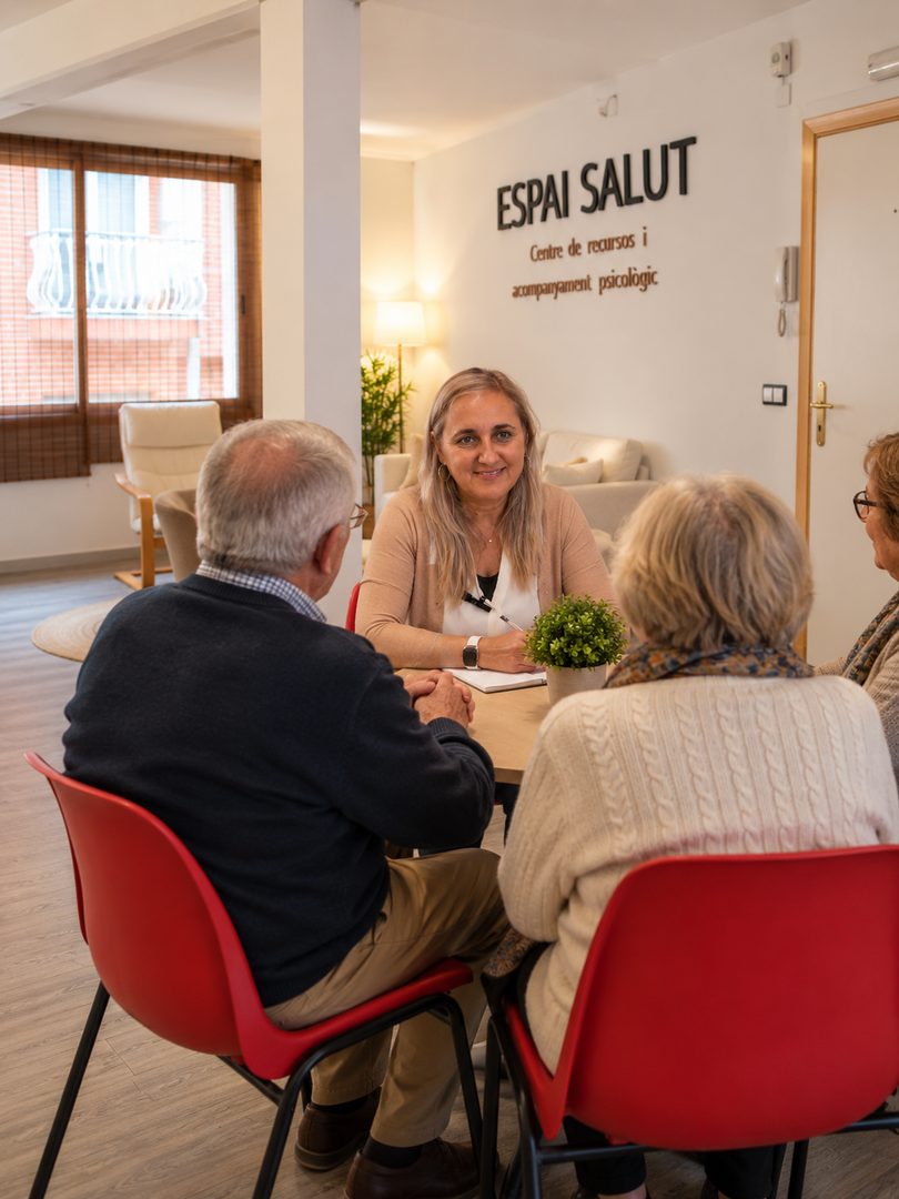 Mª Carmen Cabello León amb un grup de persones grans a ESPAI SALUT Rubí